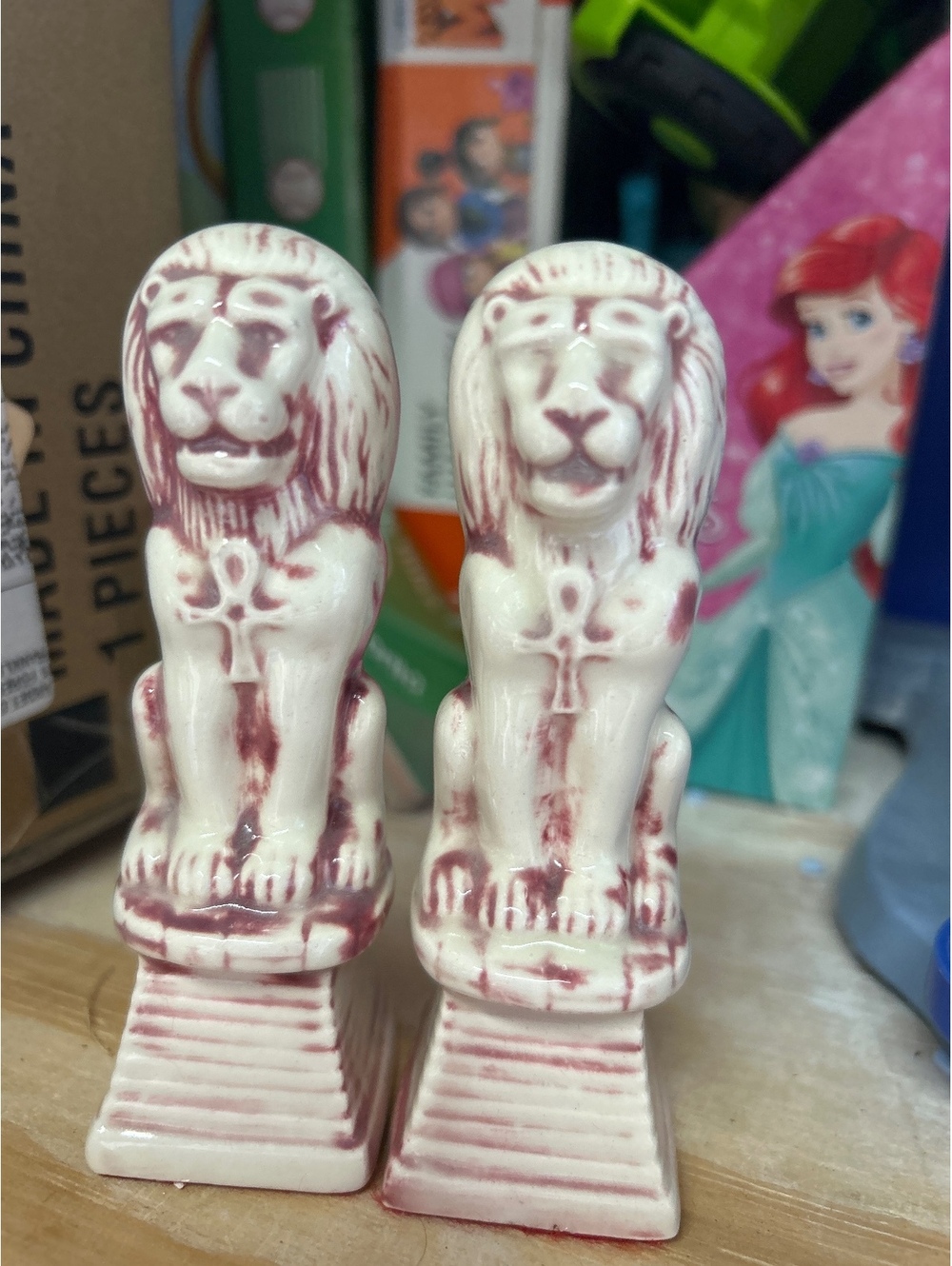 Vintage Ceramic Lion chess pieces with Red Felt Base